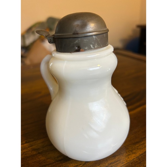 Vintage Milk Glass Pitcher Creamer Grapes Embossed Metal Lid - Picture 2 of 4